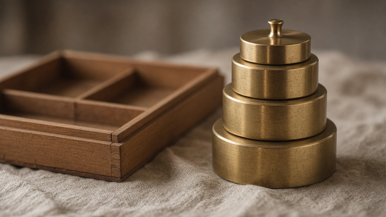 Close-up of blank brass counterweights on linen in dusk light.