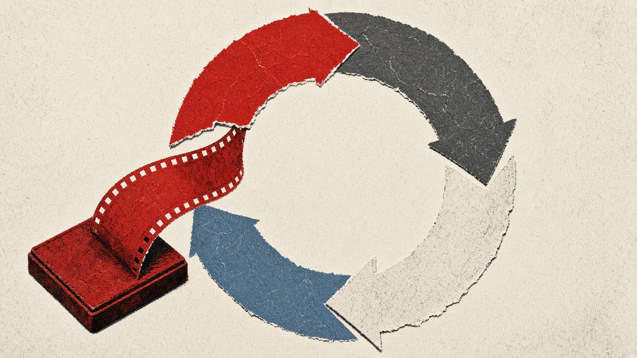 Collage of a blank film strip entering a circular feedback loop of paper arrows.