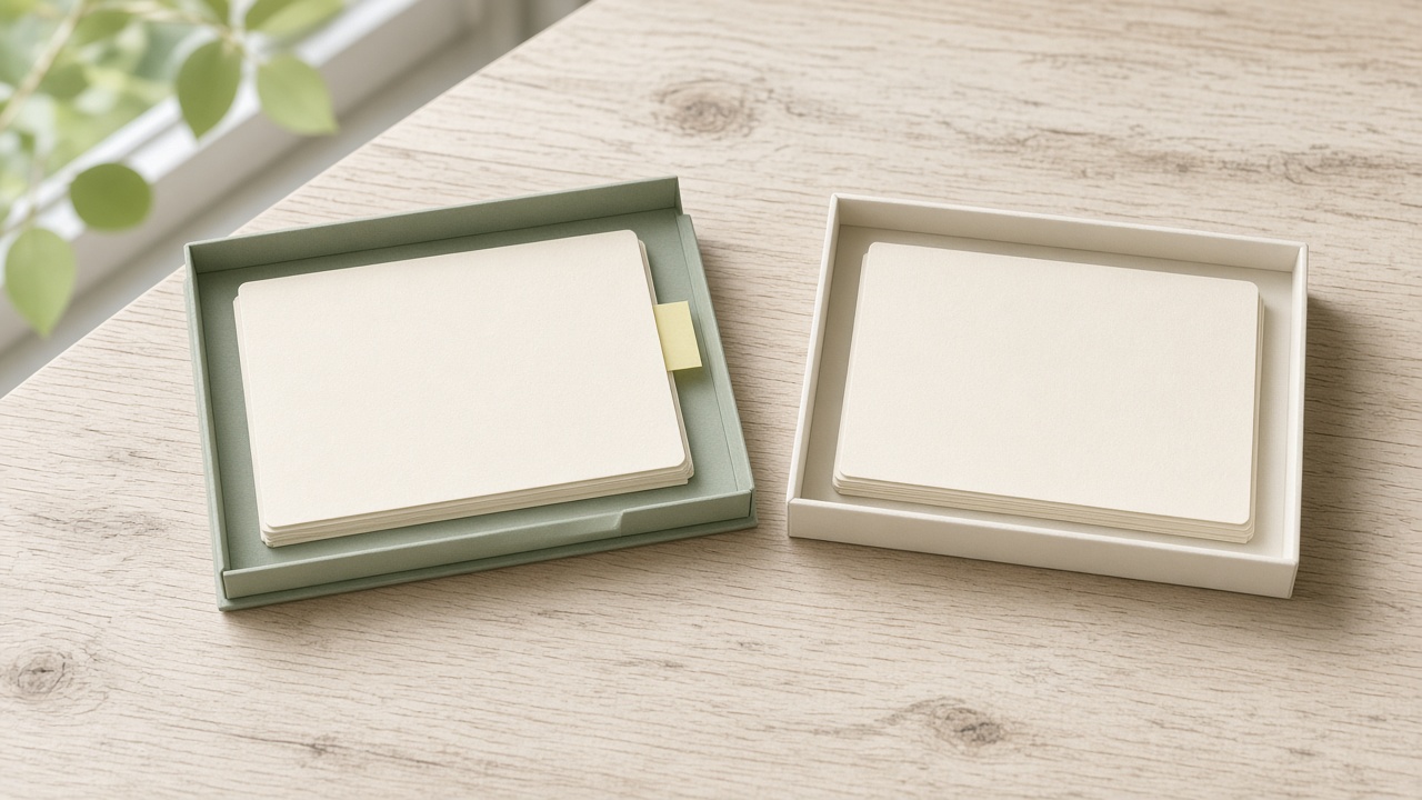 Two separate trays of blank cream cards on a sunlit birch desk.