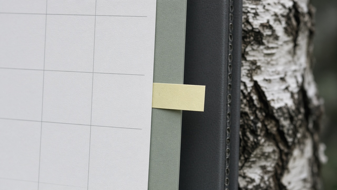 Close-up of a planner edge with a blank pale yellow tab beside birch bark.