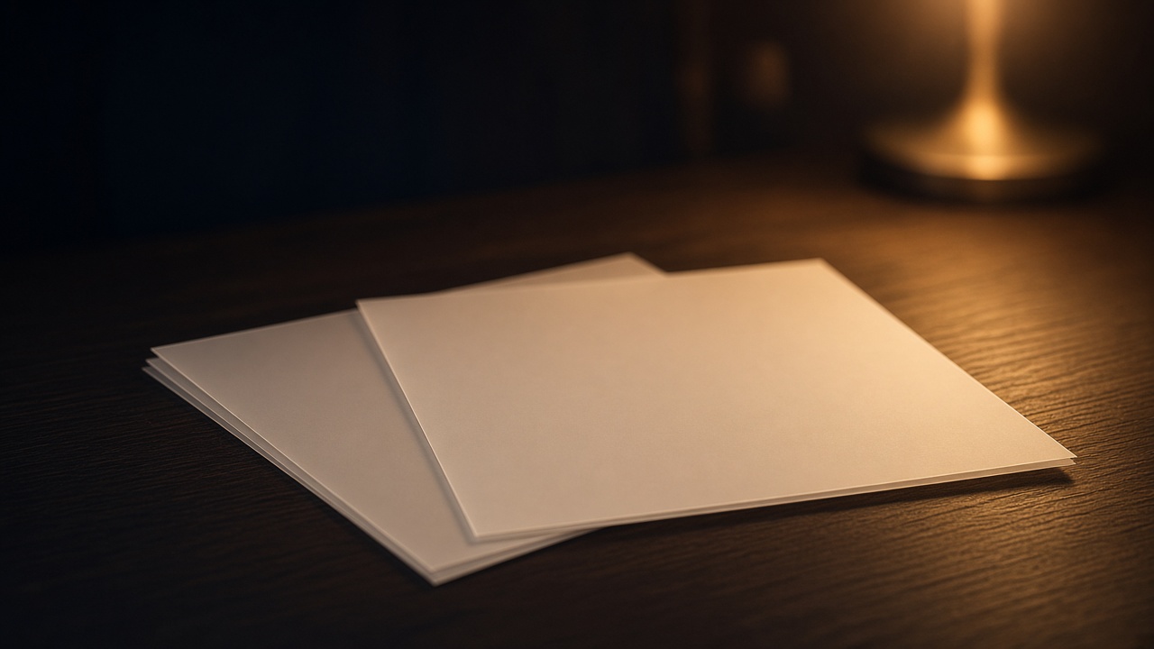 Overlapping blank translucent planning sheets under warm lamp light.