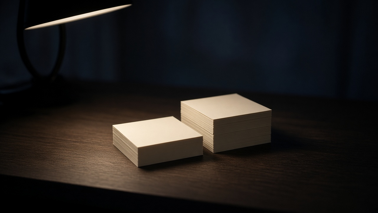 Offset stacks of blank cream sticky notes under a desk lamp.
