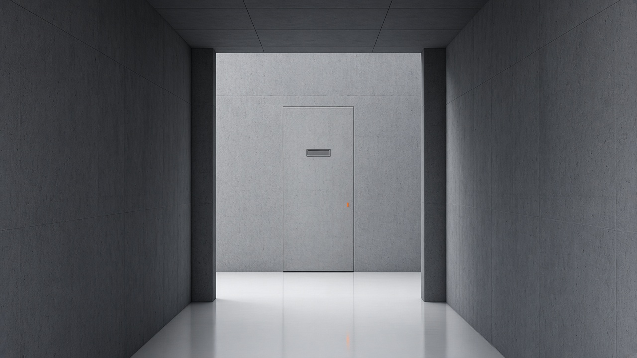 Illustrated concrete corridor ending at a closed blank access panel.