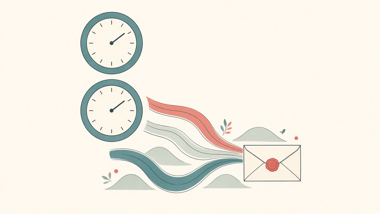 Flat vector of blank timing dials beside branching coral and teal path ribbons.