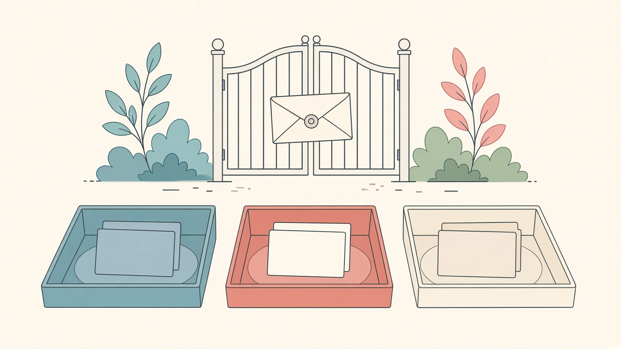 Flat vector of three empty trays in teal and coral for sorting blank cards before a sealed envelope gate.