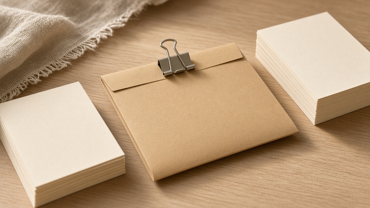 Close documentary photo of a sealed manila test folder with a metal clip beside blank print stacks.