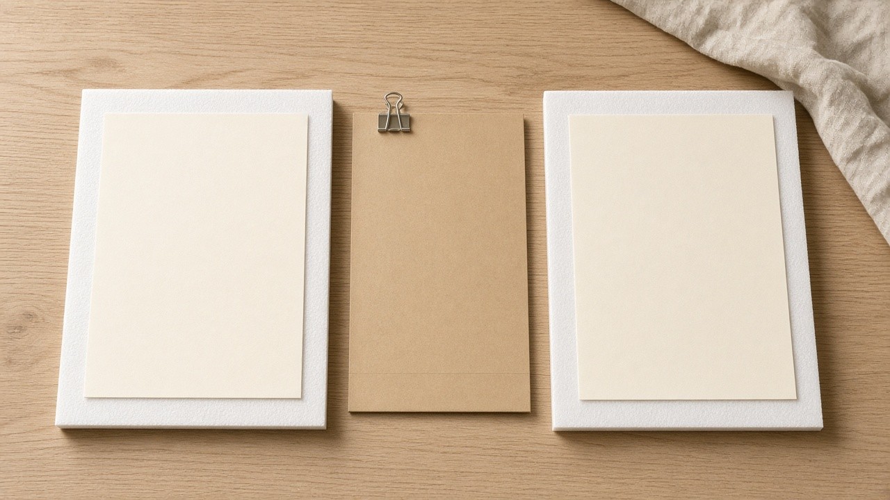 Overhead warm daylight view of two blank creative boards divided by a clipped sealed folder.