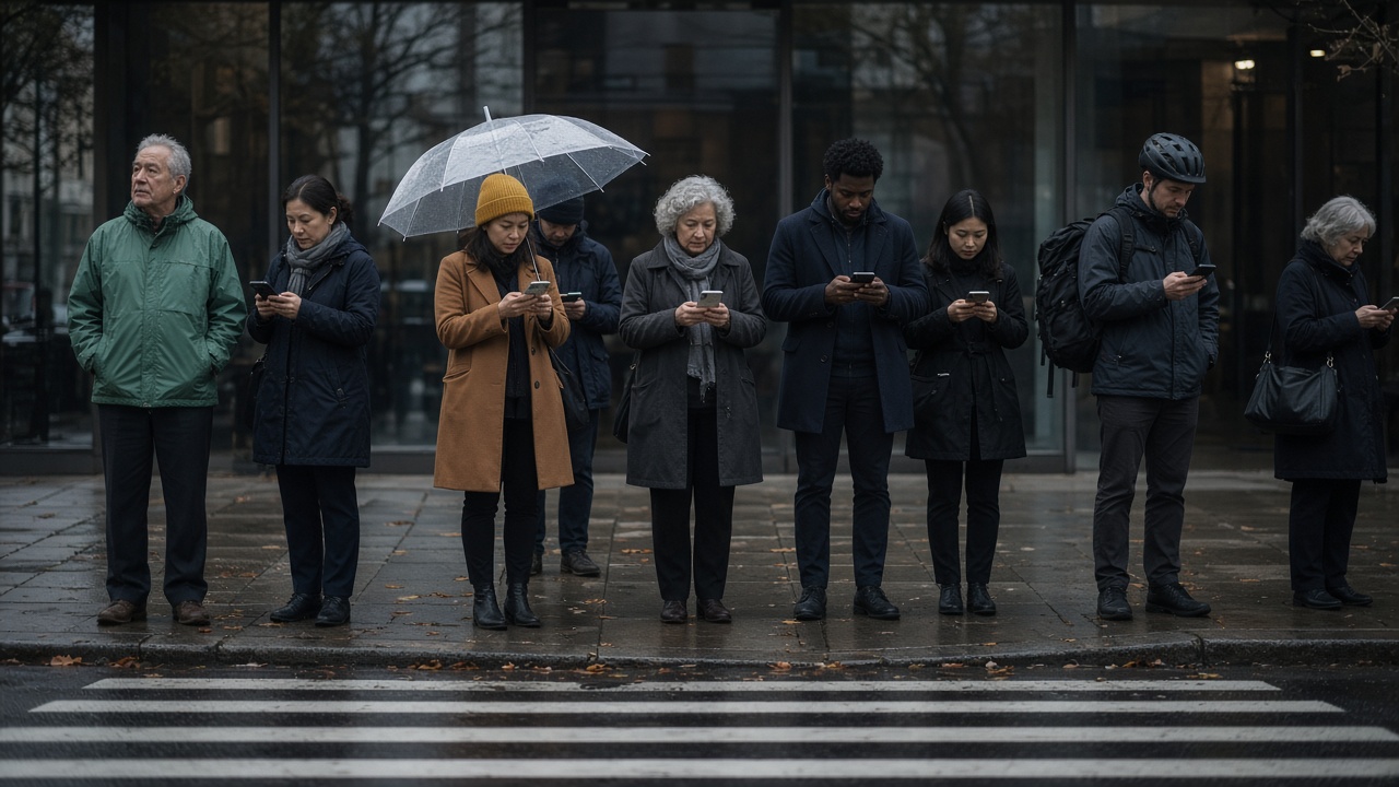 Commuters wait at a rainy downtown crosswalk, most of them looking down at their iPhones.