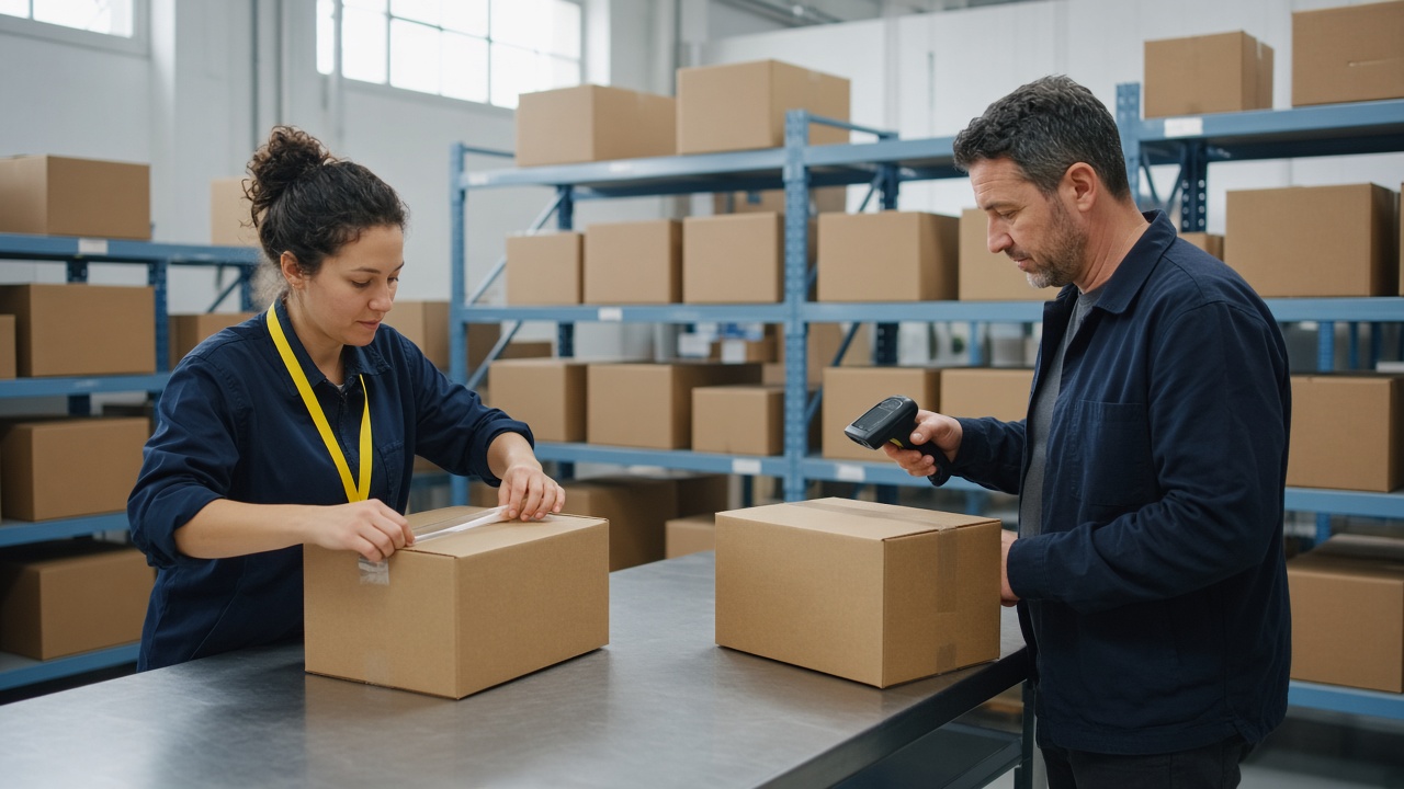 Two workers at a packing station seal and scan plain cardboard orders in a bright fulfillment room.