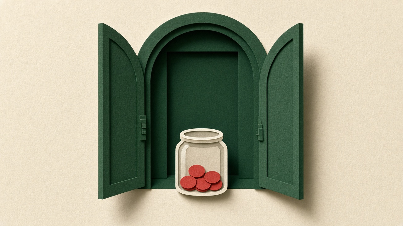 Cut-paper illustration of a tall open arched doorway with a small coin jar sitting on the threshold.