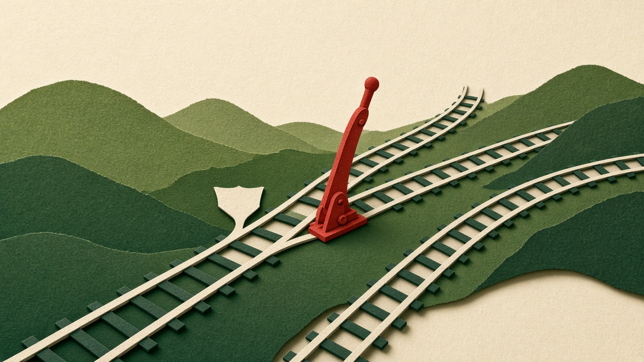 Cut-paper illustration of a railway switch lever directing a single track into three branching rails.