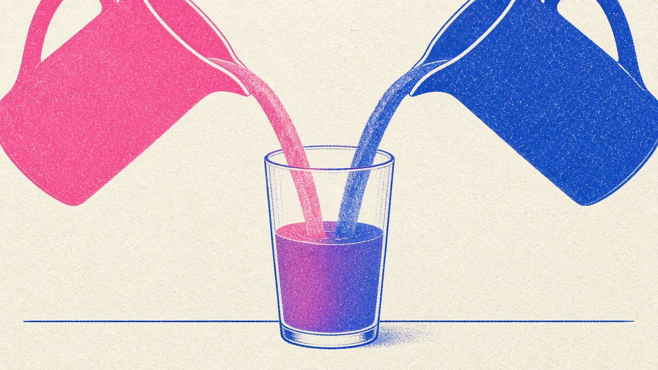 A risograph illustration of a pink pitcher and a blue pitcher pouring into the same glass, which fills with purple.