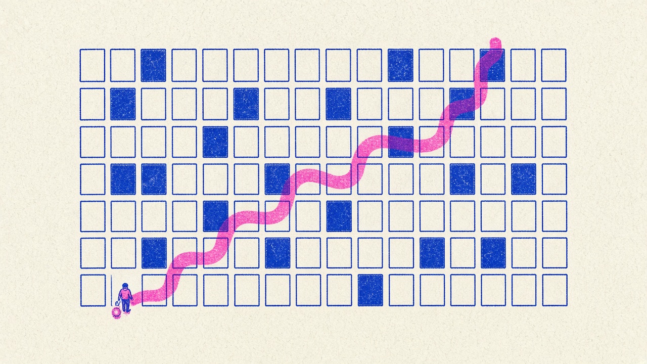 An overhead risograph illustration of a grid of small plots with a pink line winding through it, a few plots capped in blue, and a tiny figure with a lantern following far behind.