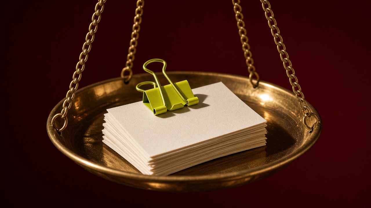 Close-up studio photo of a brass balance scale pan holding a small stack of blank cream cards held together by an acid-lime clip, against a burgundy backdrop.
