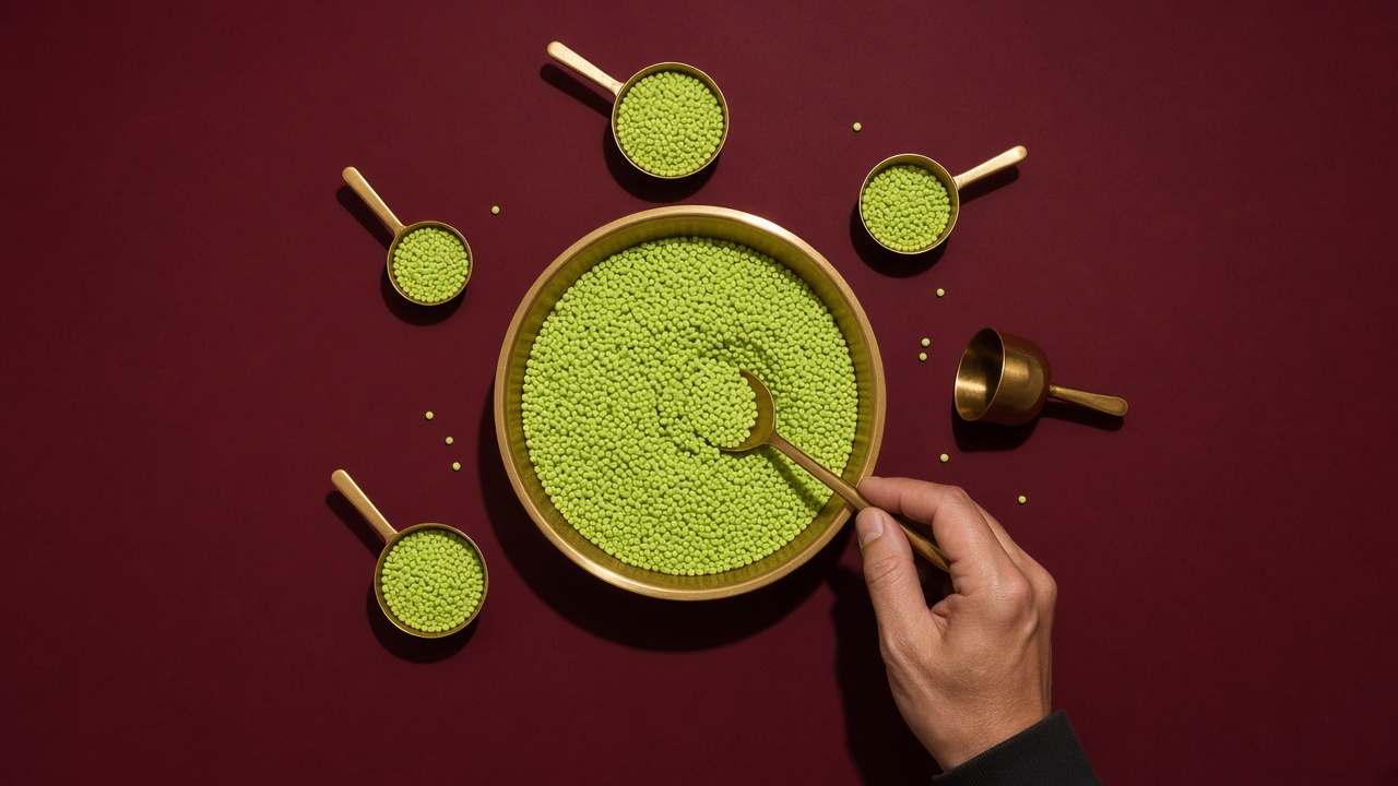 Overhead studio photo of a large brass bowl of acid-lime granules surrounded by smaller brass scoops holding measured portions, on a burgundy backdrop.