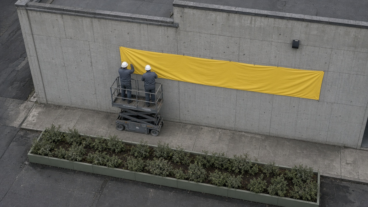 Overhead angle of two workers on a scissor lift hanging a long blank yellow banner across a grey store front.