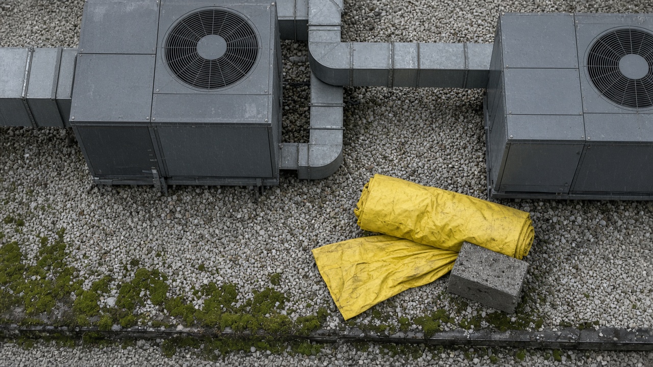 Top-down view of a gravel rooftop where a rolled yellow banner lies forgotten beside grey air-conditioning units.