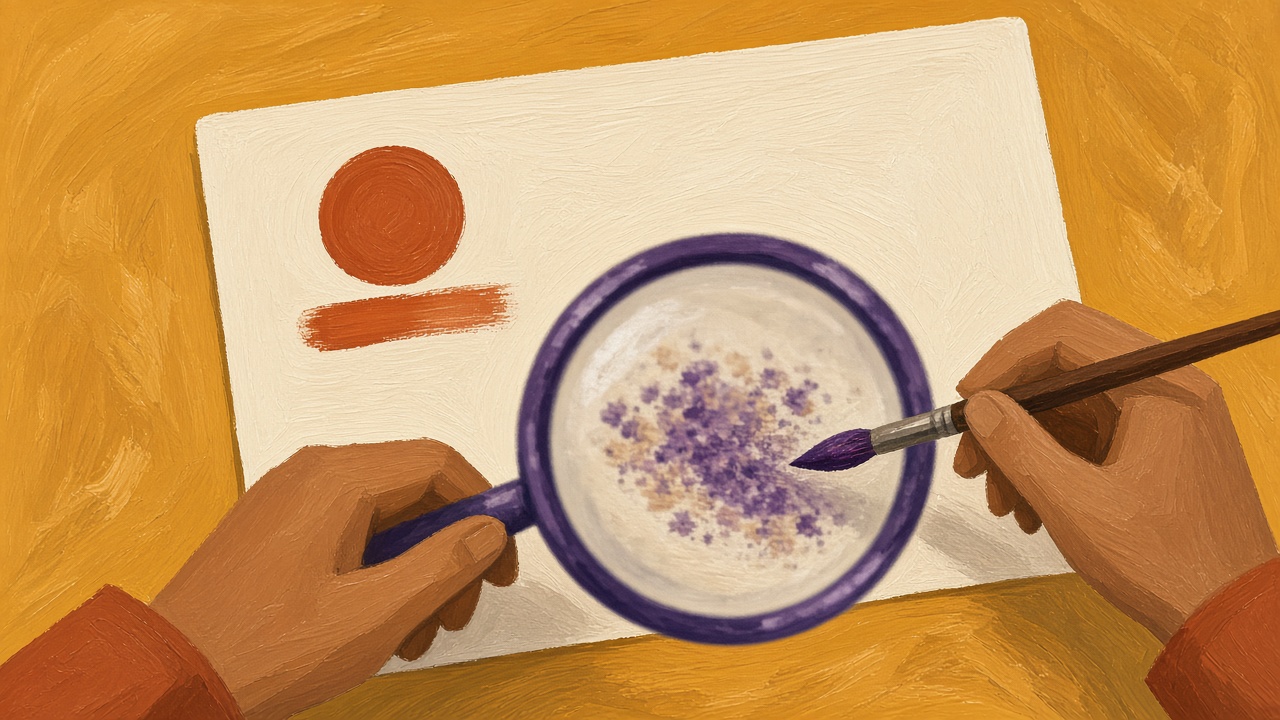 Close-up painted illustration of two hands, one holding a magnifying lens over the corner of a bone-white card where tiny painted marks melt into soft fuzzy dots, the other holding a fine brush.