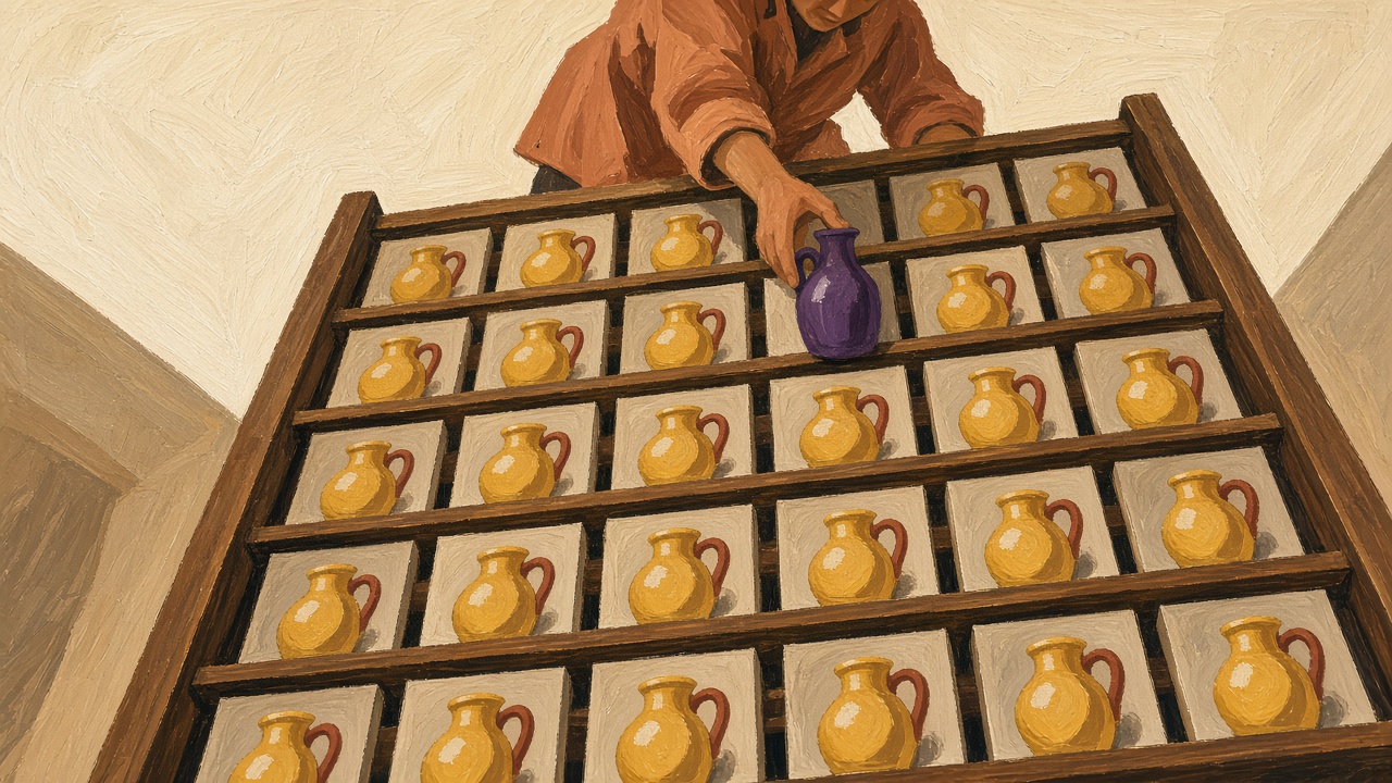 Painted illustration looking up from the floor at a tall wooden drying rack of small canvases, each showing the same saffron jug, with one canvas where the jug has quietly turned violet and changed shape.