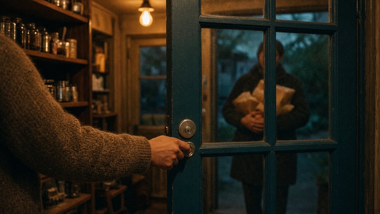 Seen from inside a shop at dusk, a hand turns the lock on a teal door while a person with arms full of parcels waits on the other side of the glass.