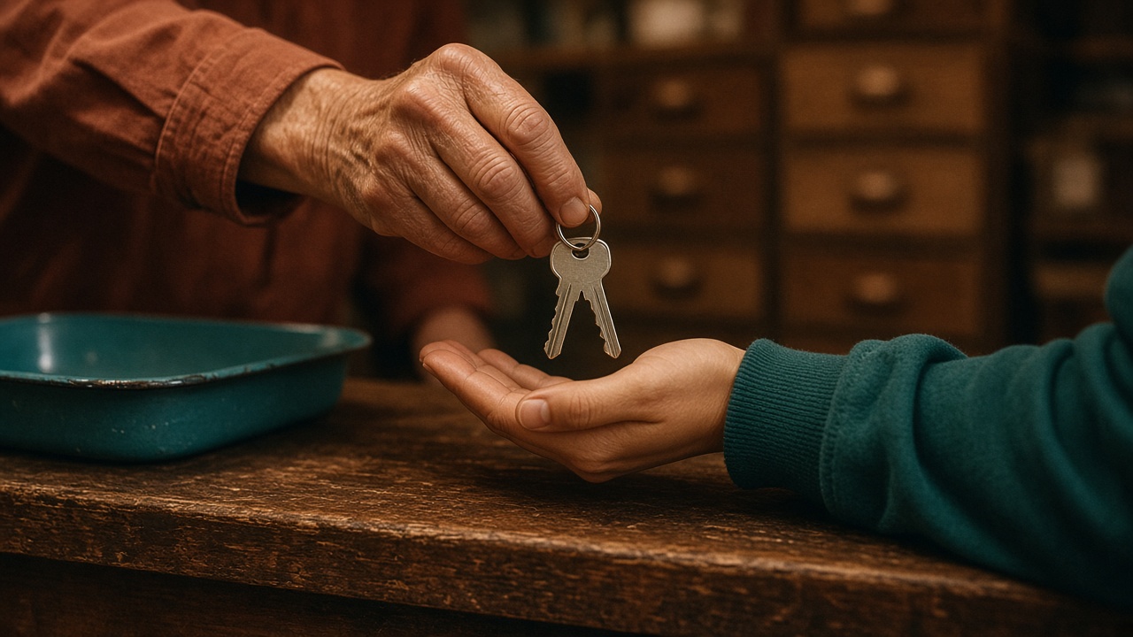 Close-up of one hand passing a small ring of steel keys into another hand across a worn wooden shop counter.