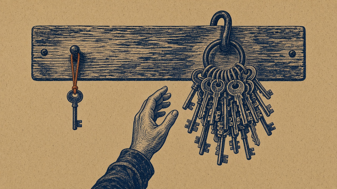 Linocut print of a plain wall board holding one small key on a short cord beside a huge iron ring heavy with dozens of keys, with a hand reaching between them.