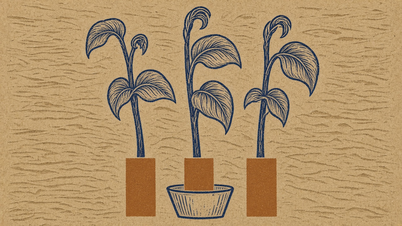 Linocut print of three short rust bars like a small bar chart, with indigo plant stems rising from them and growing far taller than the bars.