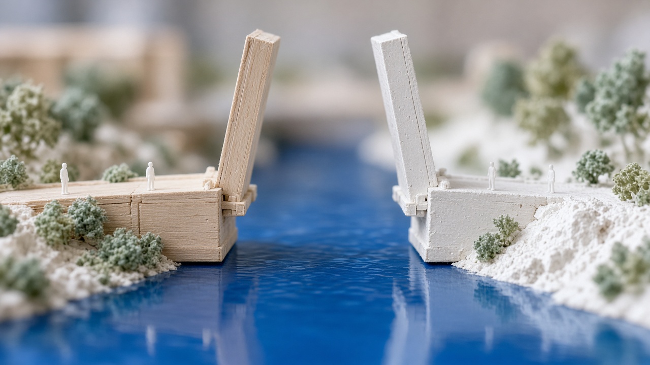 Low view across a narrow blue channel in a model landscape, where small drawbridge ramps are raised on both banks, facing each other with no way across.