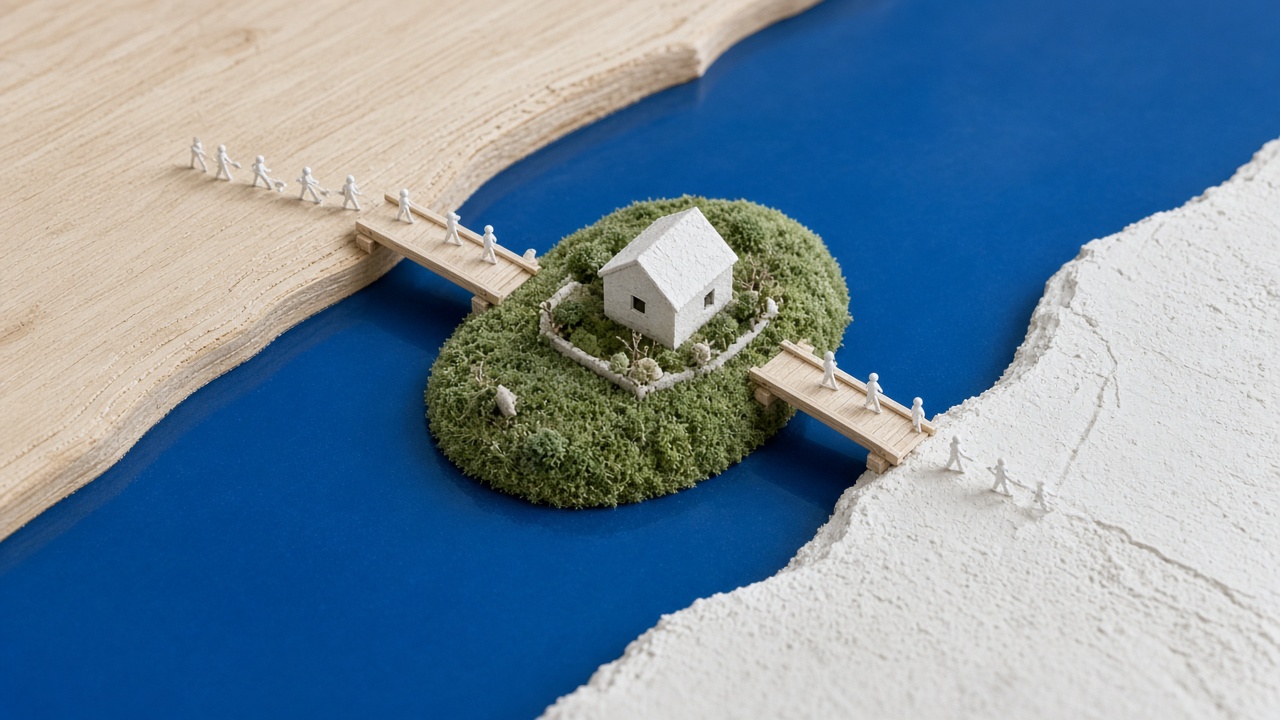 Top-down view of a model river with a small green island in the middle, holding a little white workshop, and new wooden bridges linking it to both banks as tiny figures cross.