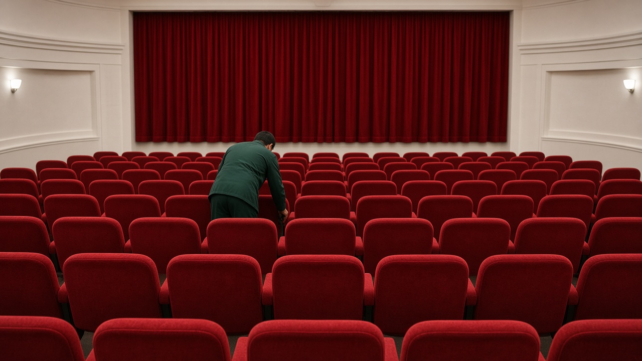 An empty cinema with every red seat already folded down, while one attendant walks a row folding down the next seat before any audience has arrived.