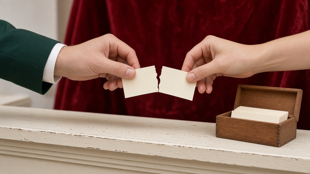 Close-up of two hands at a cinema ticket counter tearing one plain ticket stub in half, beside a small wooden box of torn stubs.