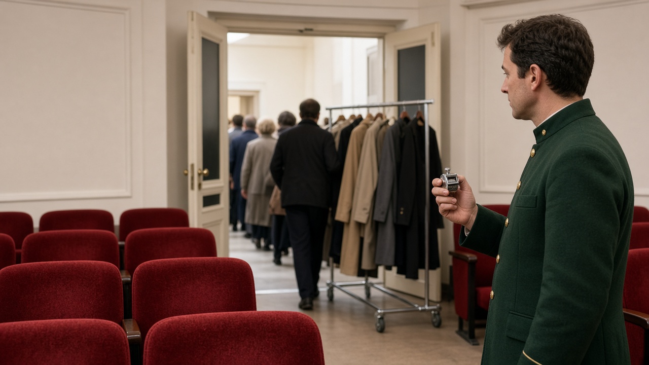 An usher in a green uniform clicks a hand counter at a cinema exit as people file out, counting an empty rack of coats being wheeled through the door along with them.