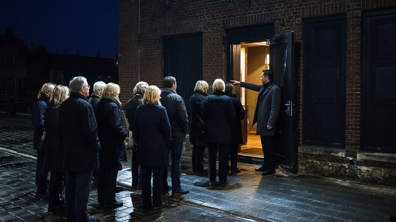 Three short night queues on a wet sidewalk converge on one warm lit doorway while an attendant points that way and two other doors stay dark.