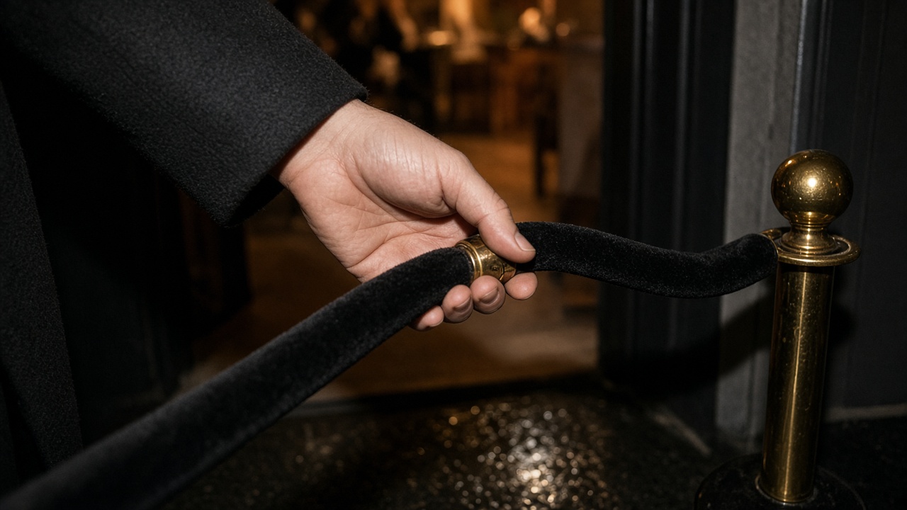 Close-up of a hand unhooking a black velvet rope at a night doorway while warm light spills from inside.
