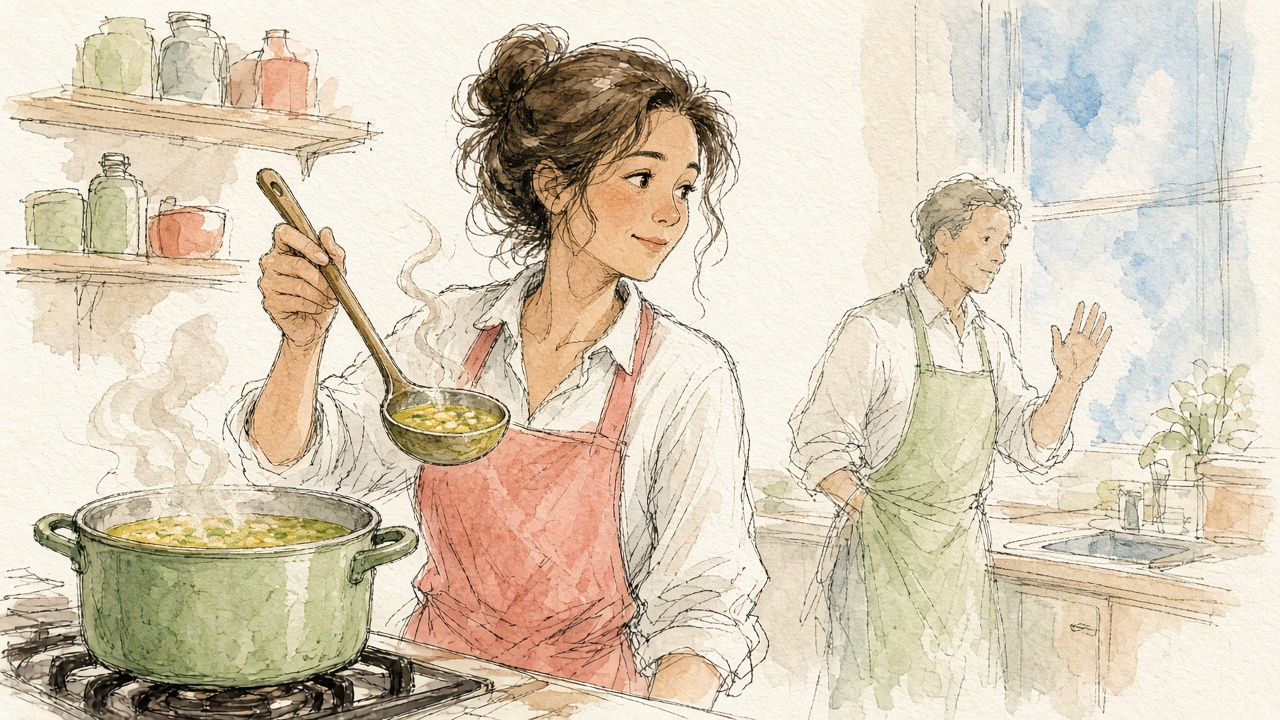 Watercolor sketch of a cook holding a full ladle over a soup pot, pausing to look across the kitchen for a nod before pouring.