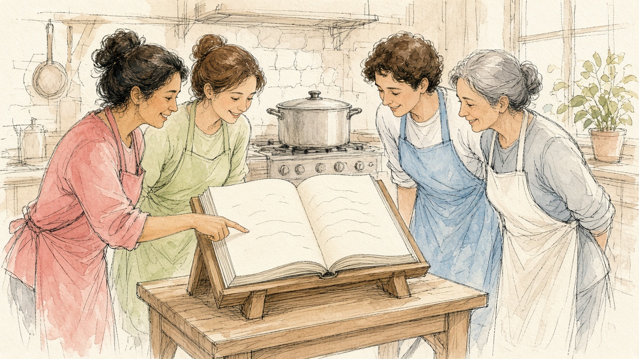 Watercolor sketch of one large open recipe book on a stand in a kitchen, with several cooks leaning in to read the same page together.