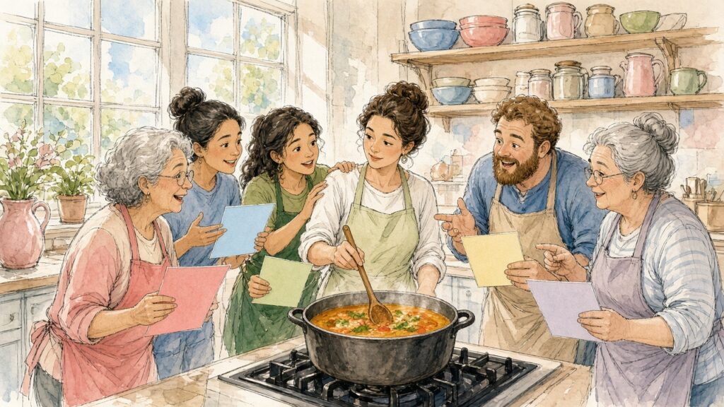 Watercolor sketch of a sunny community kitchen where five cooks each hold out their own blank recipe card to one helper stirring a single shared soup pot.