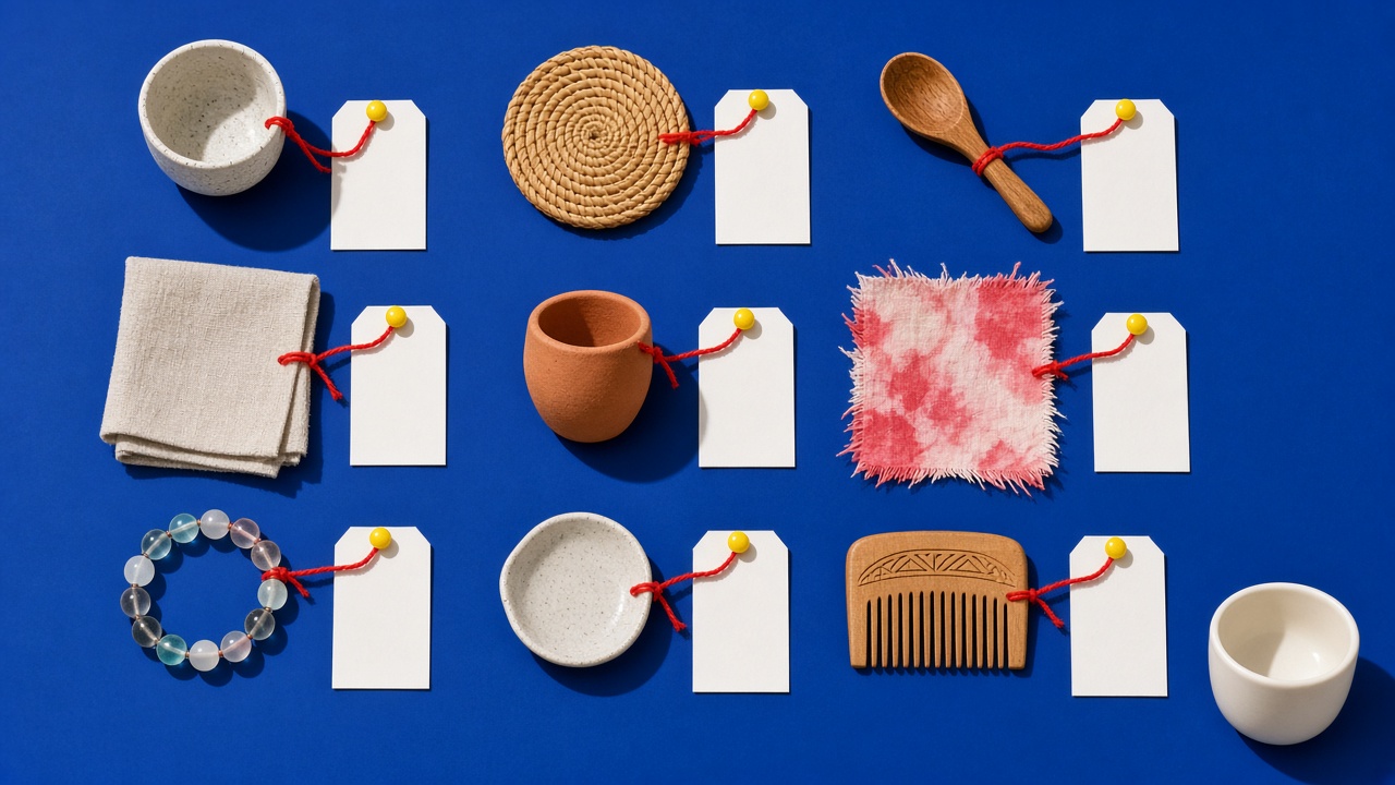 Overhead view of blank paper tags on red string laid in a neat grid on a blue backdrop, each tied to a small handmade object, with one ceramic cup left untagged to the side.