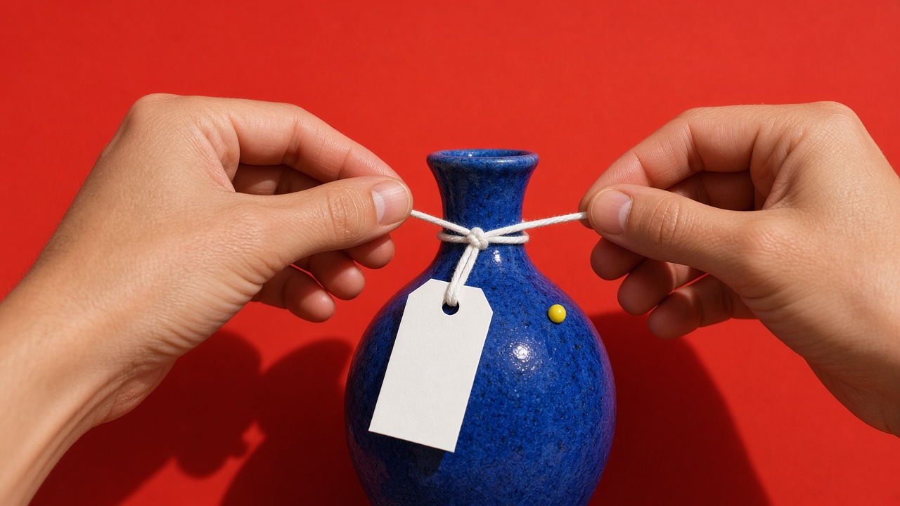 Close-up of two people's hands tying a white string with a blank paper tag around the neck of a blue ceramic vase against a red backdrop.