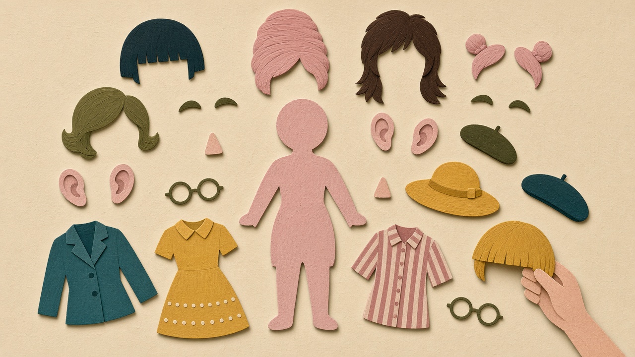 Gouache illustration of a paper doll kit seen from above, with a blank cut-out figure surrounded by loose paper hairstyles, ears, hats and outfits as a hand places a bowl cut.