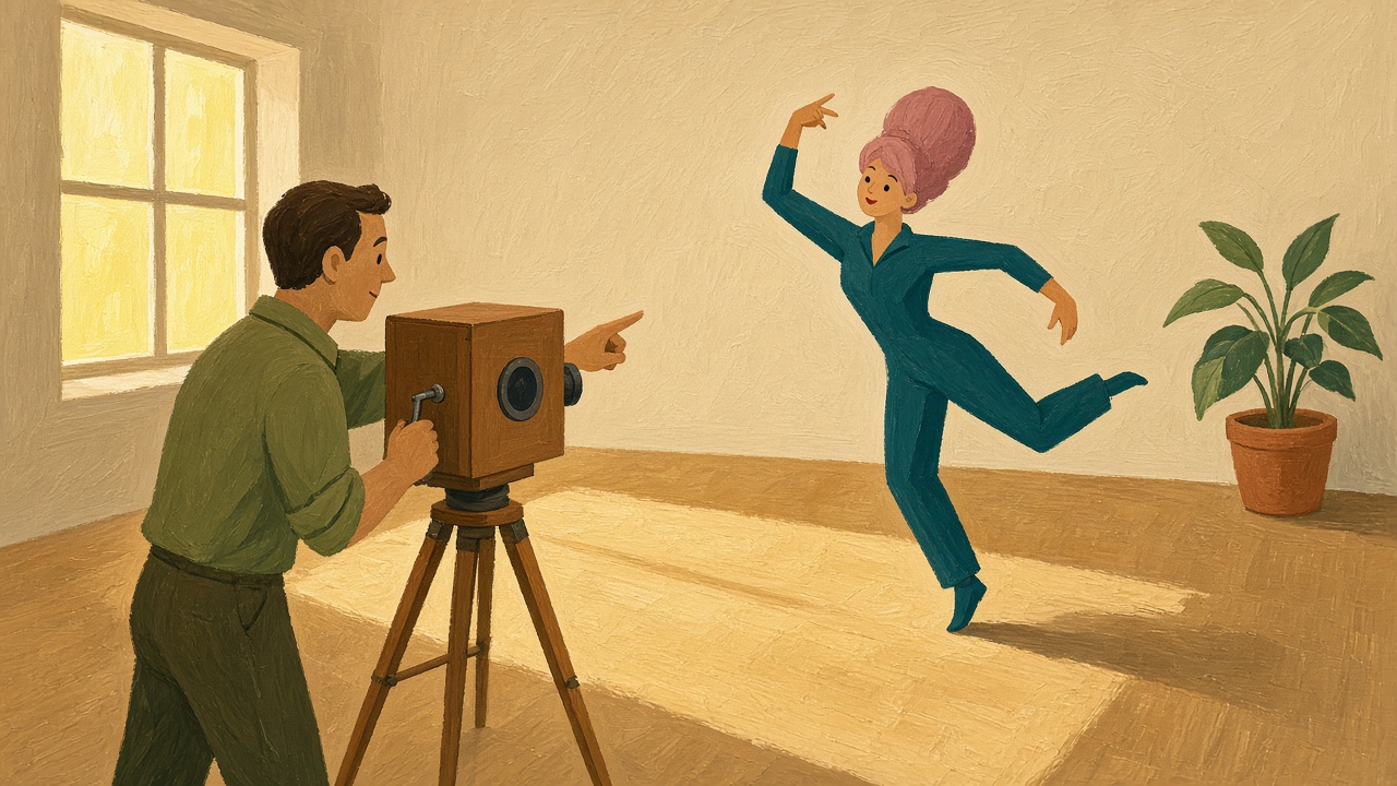 Gouache illustration of a character striking its own pose in a sunlit rehearsal room while a teammate films it with an old hand-crank camera on a tripod.
