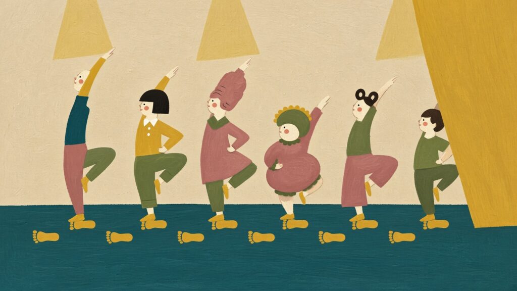 Gouache illustration of five very different made-up characters on a teal stage, all frozen in the same dance pose on one shared trail of footprints, while the original dancer slips offstage.