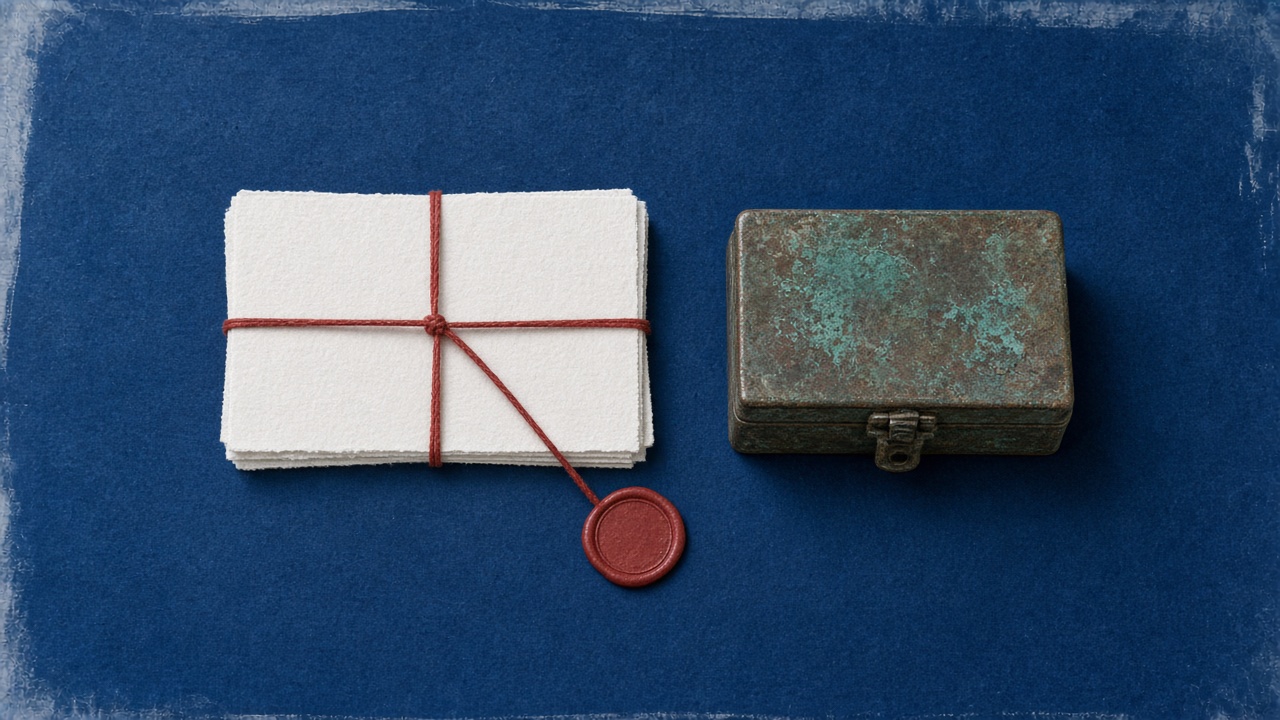 Overhead cyanotype print of a stack of blank slips tied with red string and a red wax seal, next to a closed copper cash box.
