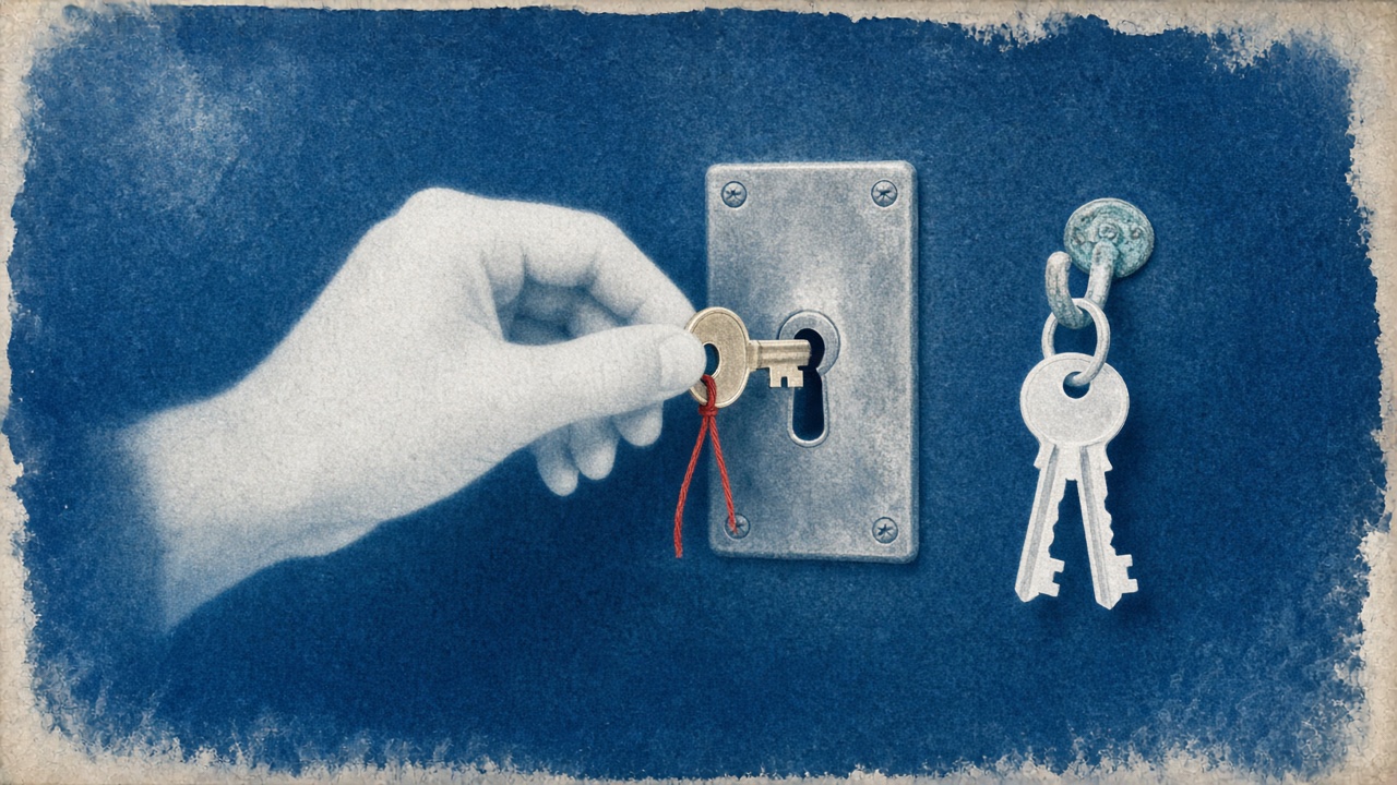 Close-up cyanotype print of a hand turning one key in a console lock while two matching keys hang unused on a copper hook.