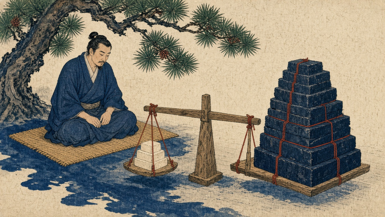 Woodblock illustration of two stone weight stacks on a merchant mat under pine shade, one light and one heavy.