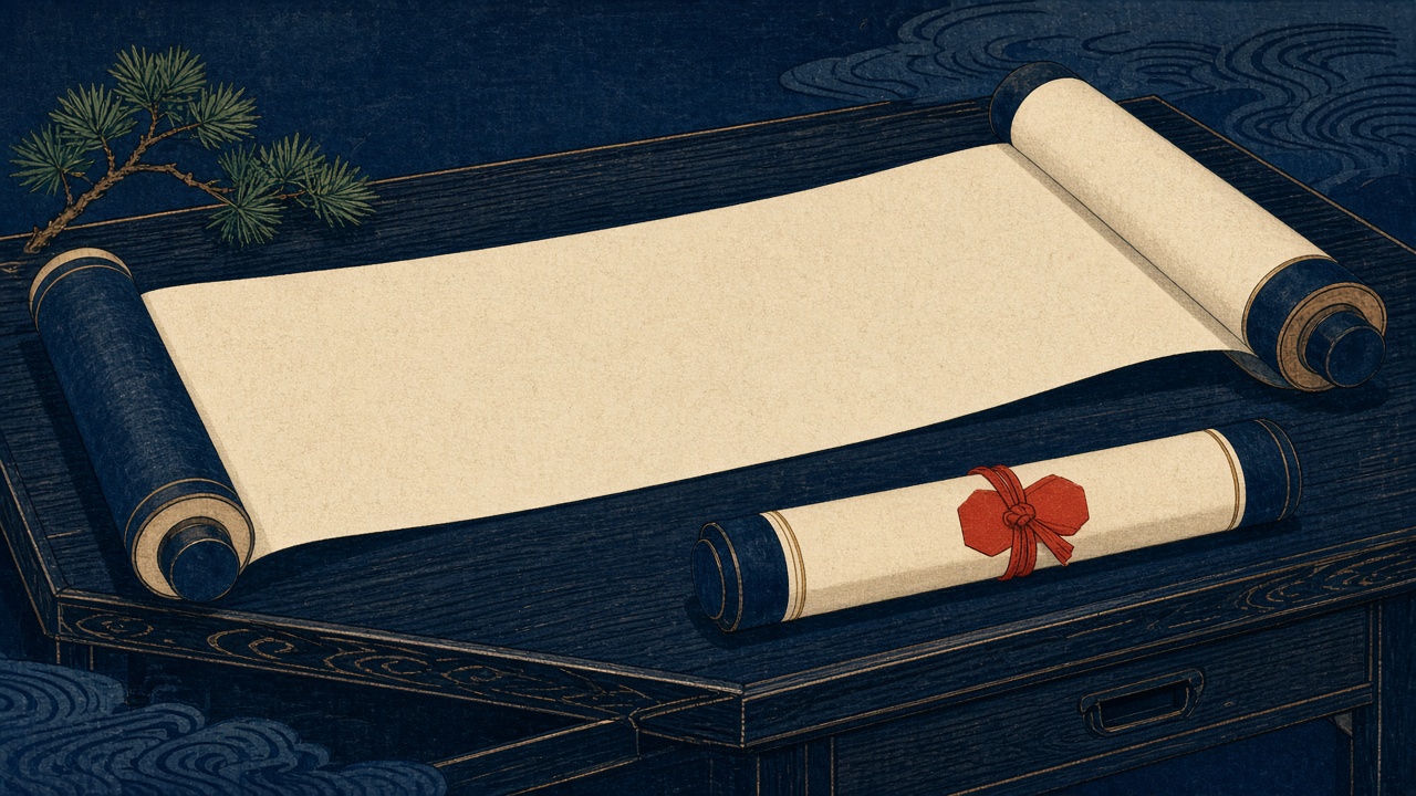 Woodblock illustration of a long blank scroll unrolling across a lacquer desk beside a shorter scroll sealed with a vermillion cord.