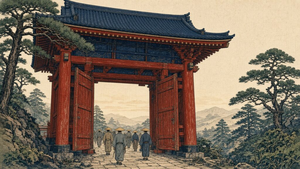 Woodblock illustration of a heavy wooden temple gate swung open at dawn with travelers walking through into a pale cream sky.
