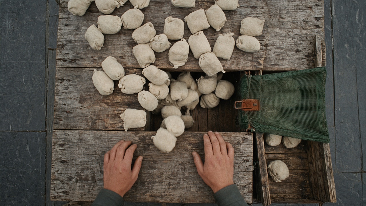 Overhead film photo of oat-cream sacks on a sorting table, most entering a wide chute while a moss mesh gate narrows the side chute.