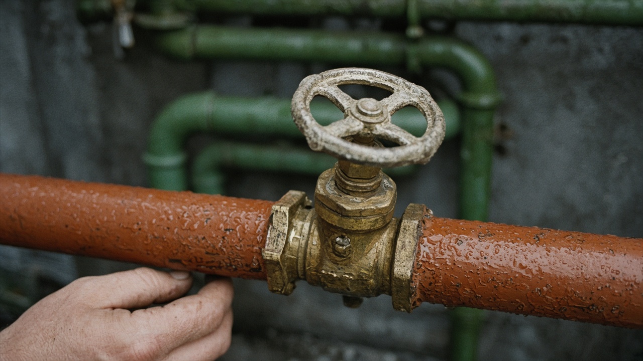 Tight film close-up of a brass valve handle turned only partway on a rust-orange pipe against a soft moss and slate background.