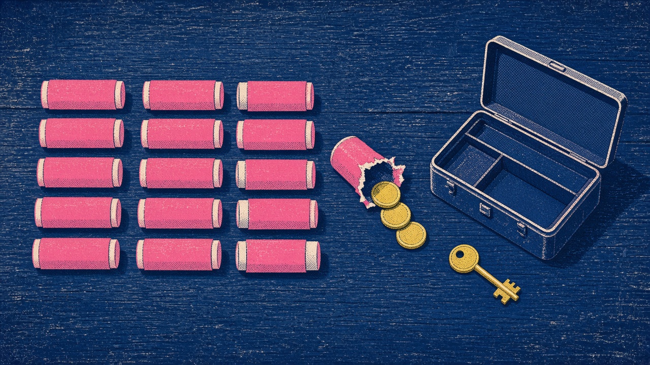 Risograph illustration seen from above of wrapped coin rolls lined up on a counter, one roll torn open with only a few coins used, beside an open cash tin.